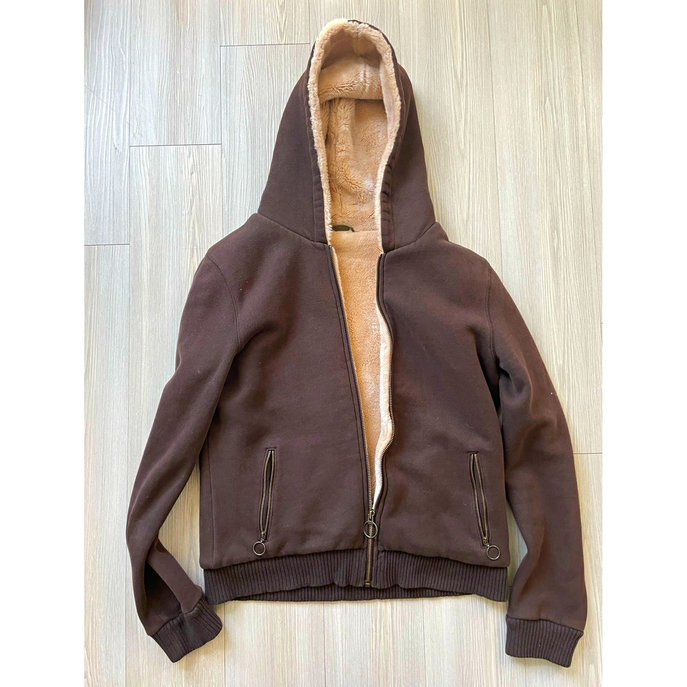 Old Navy Women's Sz L Brown Full Zip Fur Lined Hoodie Streetwear Y2K Fall
